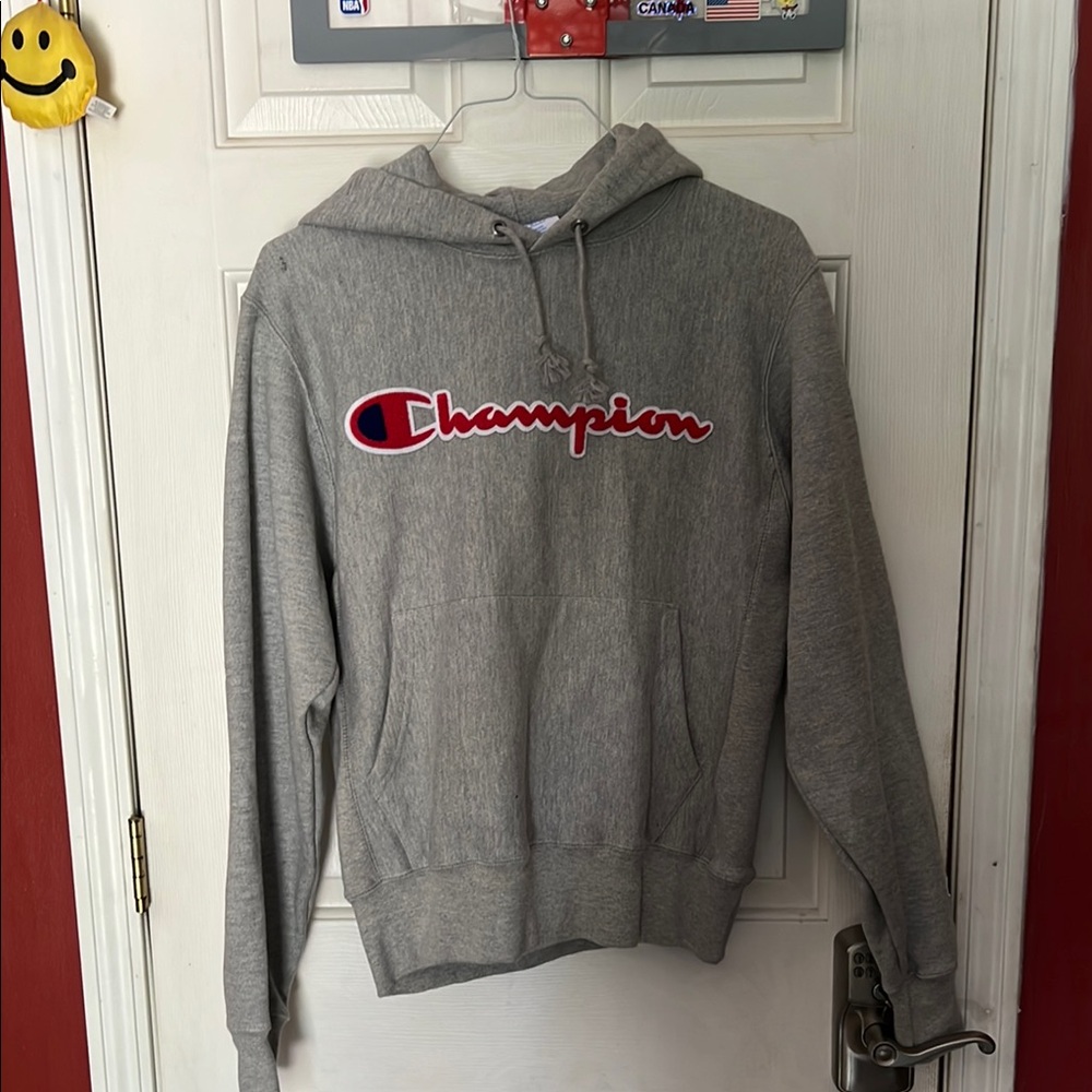 Champion Gray Hoodie with Red Logo
